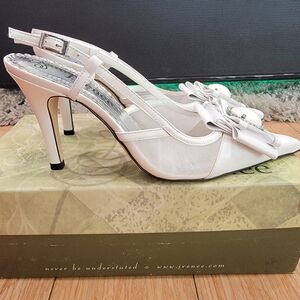 J. Renee White Slingback Heels with Rhinestone Brooch Size 8M